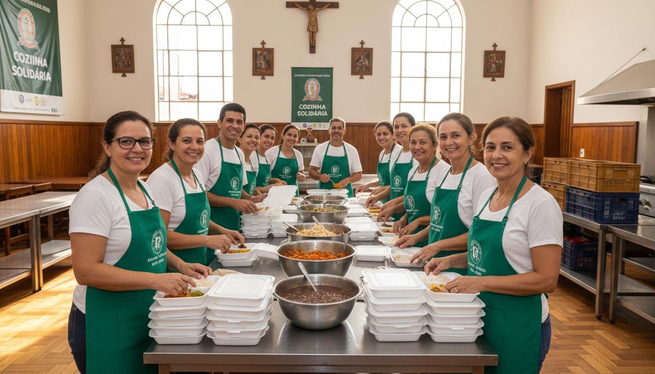 Voluntários preparando marmitas